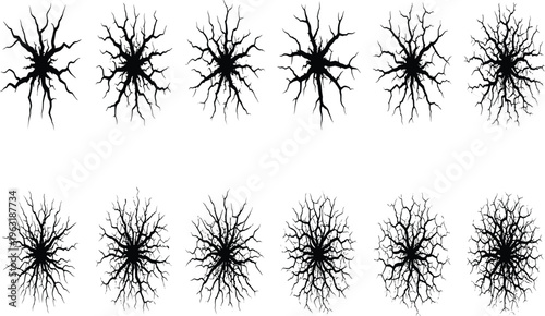 Black cracked ground explosion shapes collection isolated on white background, abstract crack burst vector design elements texture set