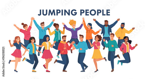 Diverse group of young entrepreneurs and office managers jumping happily with arms raised on white background, concept for team success, business achievement and corporate motivation