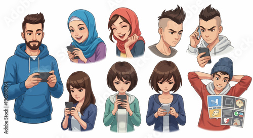 Young digital entrepreneurs and creative designers using mobile smartphones with various facial expressions in anime style, concept for social media marketing, app interface and communication