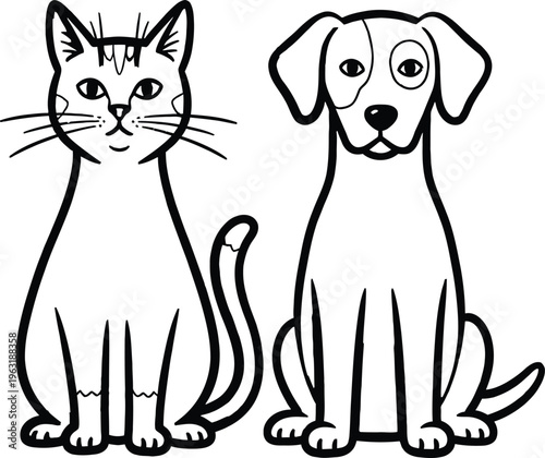 A black and white illustration of a cat and dog sitting side by side looking friendly and approachable together