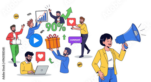 Marketing managers and digital specialists promoting online content with megaphone and growth charts on white background, concept for marketing strategy, business growth and brand promotion