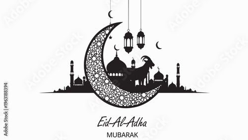 Eid Al Adha Mubarak silhouette vector illustration with patterned crescent moon, mosque, lanterns, and sacrificial goat