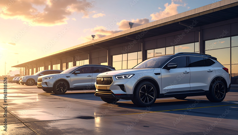 Naklejka premium Modern White Suvs Parked in Row at Outdoor Car Showroom at Sunset