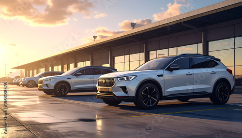 Modern White Suvs Parked in Row at Outdoor Car Showroom at Sunset
