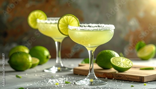Wallpaper Mural Two elegant cocktail glasses filled with a light green beverage, garnished with lime slices, and salt rims. Limes and a wooden board are arranged around them Torontodigital.ca