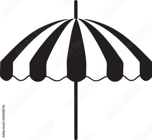 Beach umbrella icon with black and white stripes isolated on white background flat vector design for summer fun.