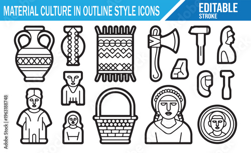 Hand drawn material culture outline icons set, doodle style traditional objects and heritage symbols including pottery tools artifacts crafts and historical elements isolated on white background