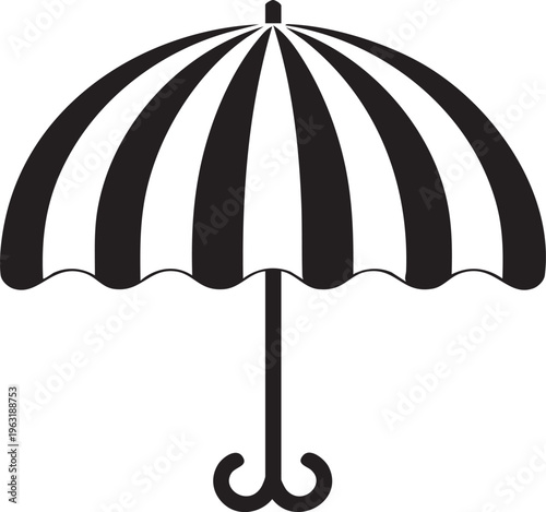 Striped beach parasol icon with curly handle base isolated on white background minimalist summer sunshade design.