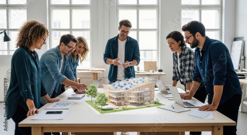 Team of architects and designers collaborating on a sustainable building model in a modern office setting