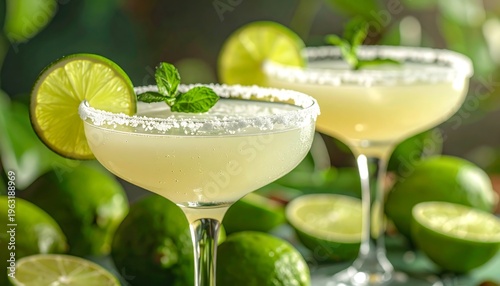 Wallpaper Mural Two elegant cocktail glasses filled with a refreshing lime-based drink, garnished with lime slices and mint, against a backdrop of fresh limes Torontodigital.ca