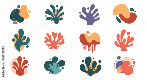 Artistic compositions, evoking organic forms and abstract plant life, showcase vibrant color palettes on a light canvas, perfect for adding a touch of artistic flair to creative projects