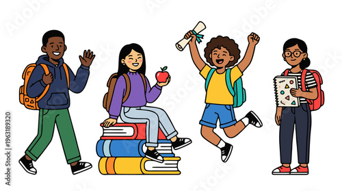 Minimalist flat illustration of four diverse students with backpacks