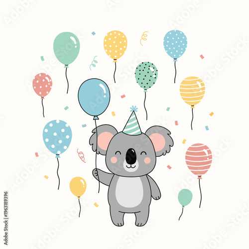 A cheerful cartoon koala celebrates a festive occasion with colorful balloons and confetti