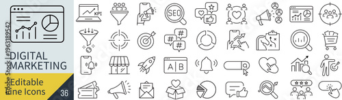 線の編集ができるデジタルマーケティングに関するアイコンセット（アウトライン化していない）
