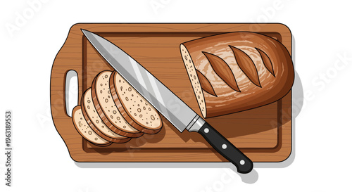 Top view illustration of sliced loaf of whole wheat bread on a wooden cutting board with a sharp knife, concept for bakery branding, healthy breakfast recipe and culinary blog content