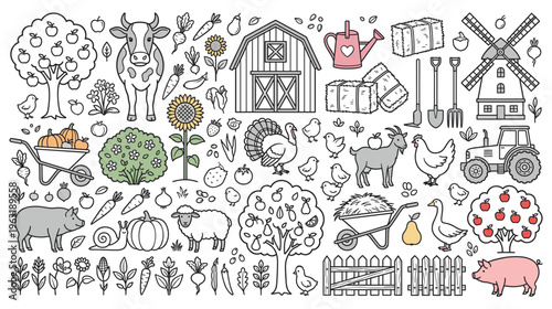 Farm life idyllic rural landscape with animals and crops.