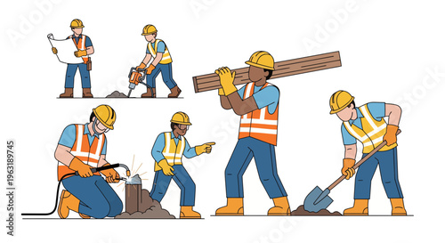 Set of professional construction workers and site engineers performing building tasks on white background, concept for industrial labor, project management and infrastructure development