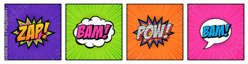 Comic Book Pop Art Sound Effects Bundle - Retro Onomatopoeia Set with Zap, Bam, Pow, and Bam Speech Bubbles in Colorful Halftone Style