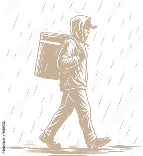Delivery person walking through rain with large package on back Vector, illustration
