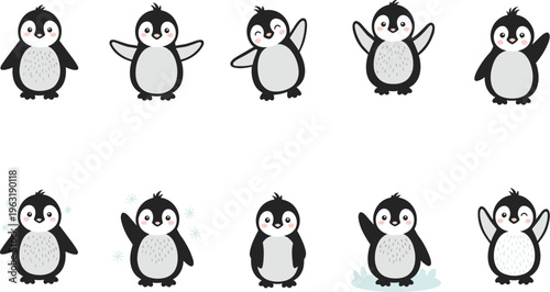 Cute penguin cartoon set with playful poses winter animal character simple illustration collection