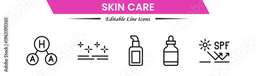 Skin care line icons set. Moisture cream, acid, anti wrinkle serum, creamed, collagen. Pixel perfect, minimalistic web and UI icon.Thin line icon collection. Vector illustration.