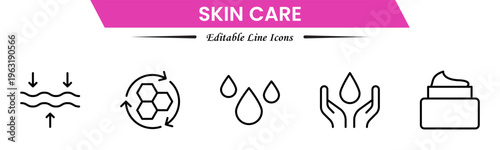 Skin care line icons set. Moisture cream, acid, anti wrinkle serum, creamed, collagen. Pixel perfect, minimalistic web and UI icon.Thin line icon collection. Vector illustration.