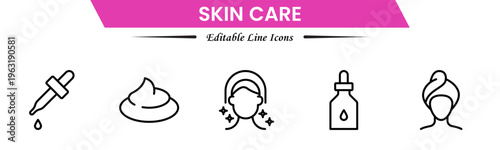Skin care line icons set. Moisture cream, acid, anti wrinkle serum, creamed, collagen. Pixel perfect, minimalistic web and UI icon.Thin line icon collection. Vector illustration.