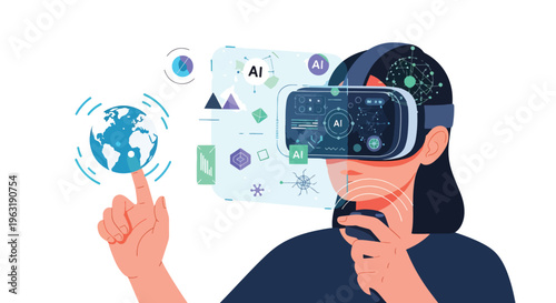 A young woman uses virtual reality glasses to interact with futuristic interfaces, exploring the potential of artificial intelligence to improve the human experience through innovative