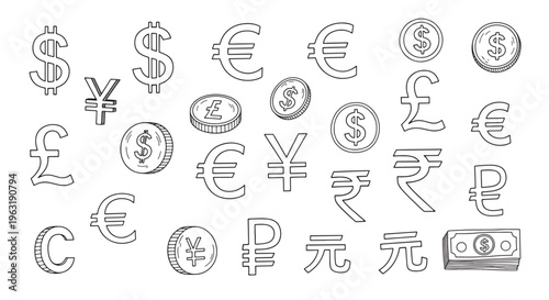 Financial world currency symbols convey the concept of global trade, finance, and the interconnectedness of international economies, promoting a sense of worldwide commerce and monetary exchange