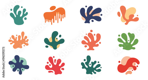 Colorful, playful shapes evoke organic forms in this collection of artistic designs, offering a visually appealing assortment suitable for various creative applications and providing a touch