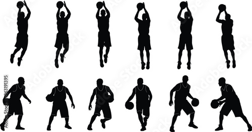 Cuadro en lienzo Black silhouette collection of basketball players featuring various poses like s
