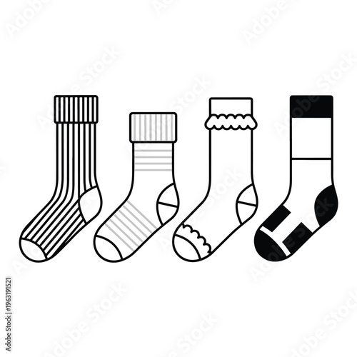 This illustration shows a set of four differently designed socks in a row for fashion or textile concepts
