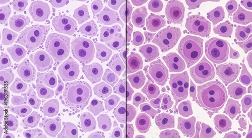 Microscopic cells, purple stained tissue, biology, medical research, cellular structure isolated on White Background