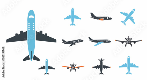 A collection of various airplanes and jets in different colors and designs are flying through the air