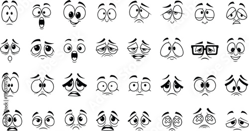 Cartoon facial expressions collection, cute emoji faces set, black outline vector illustration, emotions icons pack, cad drawing flat vector illustration