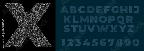 Blue handmade font in the Outline style. Vector Alphabet with Plexuses, Lines, Polygonal structure and knots. Bold style with uppercase letters, numbers. Digital abstract connection dots and lines.