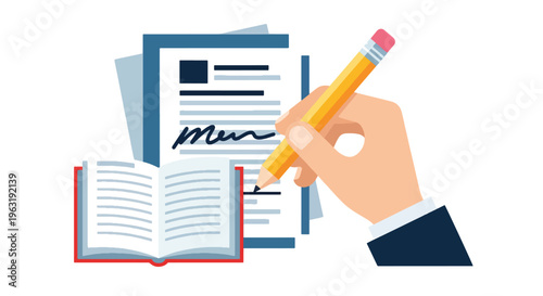 A person's hand holds a pencil to sign official papers next to an open book, symbolizing signing contracts, making important decisions, or marking something significant in a book after review