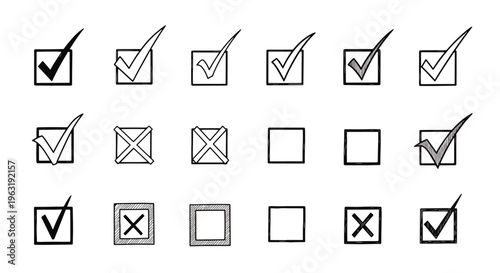 The collection of hand-drawn check marks and crosses displayed in square boxes offers a versatile graphic resource for questionnaires and confirmation, representing various options or survey