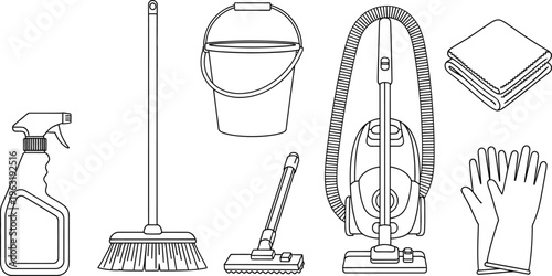Set of household cleaning supplies outline vector illustration for hygiene and domestic chores isolated on white background