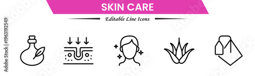 Skin care icons depicting beauty, cleansing, moisturizing, facial treatment, cosmetics, hygiene, wellness, products, spa, glow, protection, and care.