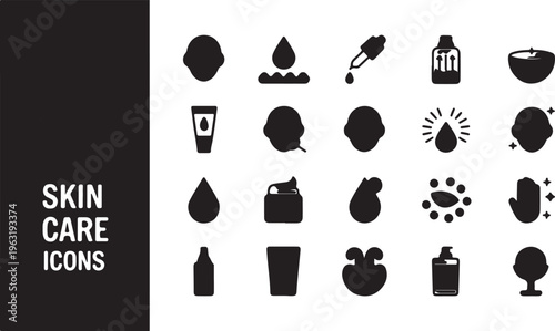 Set of minimalist icons for skincare, beauty, and health routines, showcasing product application and wellness treatments