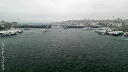 Istanbul/Turkey circa 2023: Karakoy ferry, Galata Bridge and Eminonu ferry