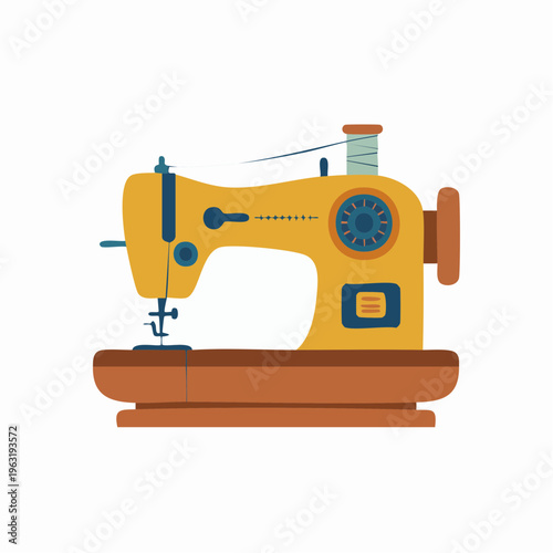 Vintage style yellow sewing machine illustration with spool