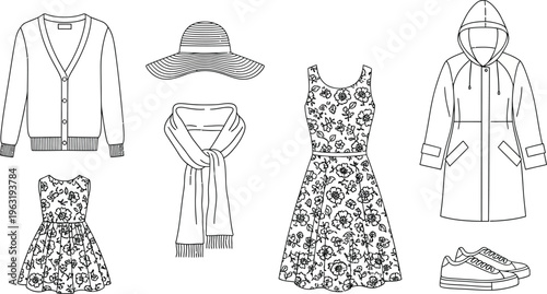 Outline vector illustration set of womens fashion apparel and accessories perfect for design projects e-commerce and style guides