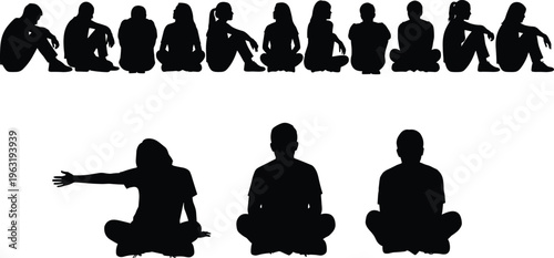 Black, silhouettes, of, people, sitting, on, the, floor, in, various, poses, isolated, on, white, background, for, group, and, community, designs.