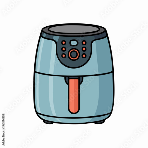 Teal air fryer cartoon illustration with orange accents