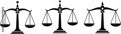 Collection of black scales of justice silhouettes with star and spike ornaments for legal branding court system and judicial equality icons