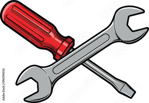 Crossed screwdriver and wrench vector illustration, essential hand tools for repair and maintenance, mechanical and construction work equipment, DIY and home improvement graphic asset