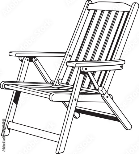 Classic wooden folding chair vector illustration, slatted garden furniture, portable outdoor seating for patio and balcony, minimalist line art design element