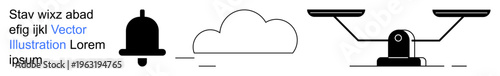 Notifications, cloud storage, justice, decision-making, online services, data management. Bell, cloud and scale icons in minimalist design. Notifications and cloud storage